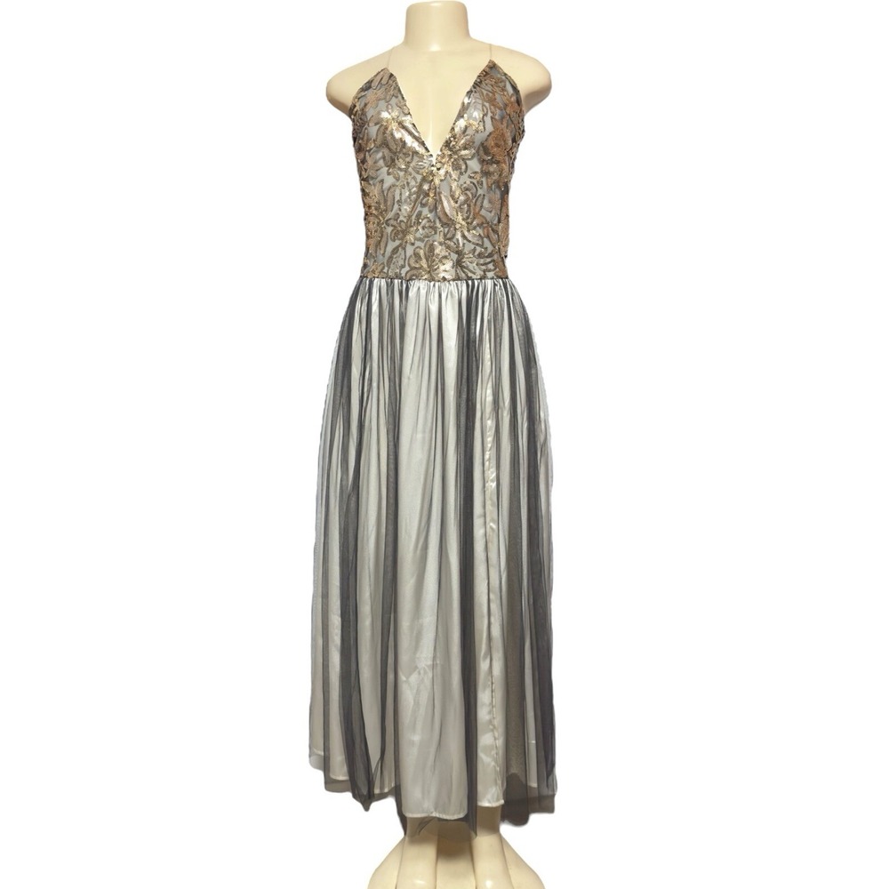 Sequin Maxi Dress Formal Backless Spaghetti Strap V-Neck Tulle Homecoming Prom S